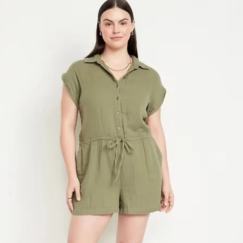 NWT Old Navy Crinkle Gauze Romper Size XXL Army Green Drawstring Waist Pockets!